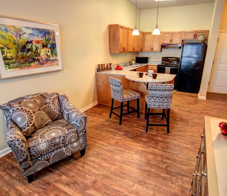 Spacious living room at The Gardens at Jackson Creek senior apartments