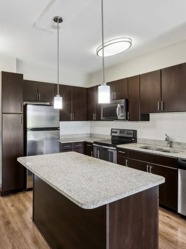 Kitchen with stainless-steel appliances at Lantower Westshore in Tampa, Florida