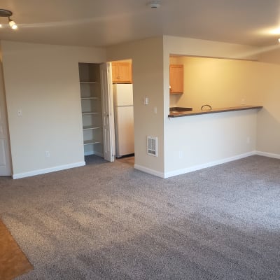 Minimalist decor in the living area of a model home at The Knoll Redmond in Redmond, Washington