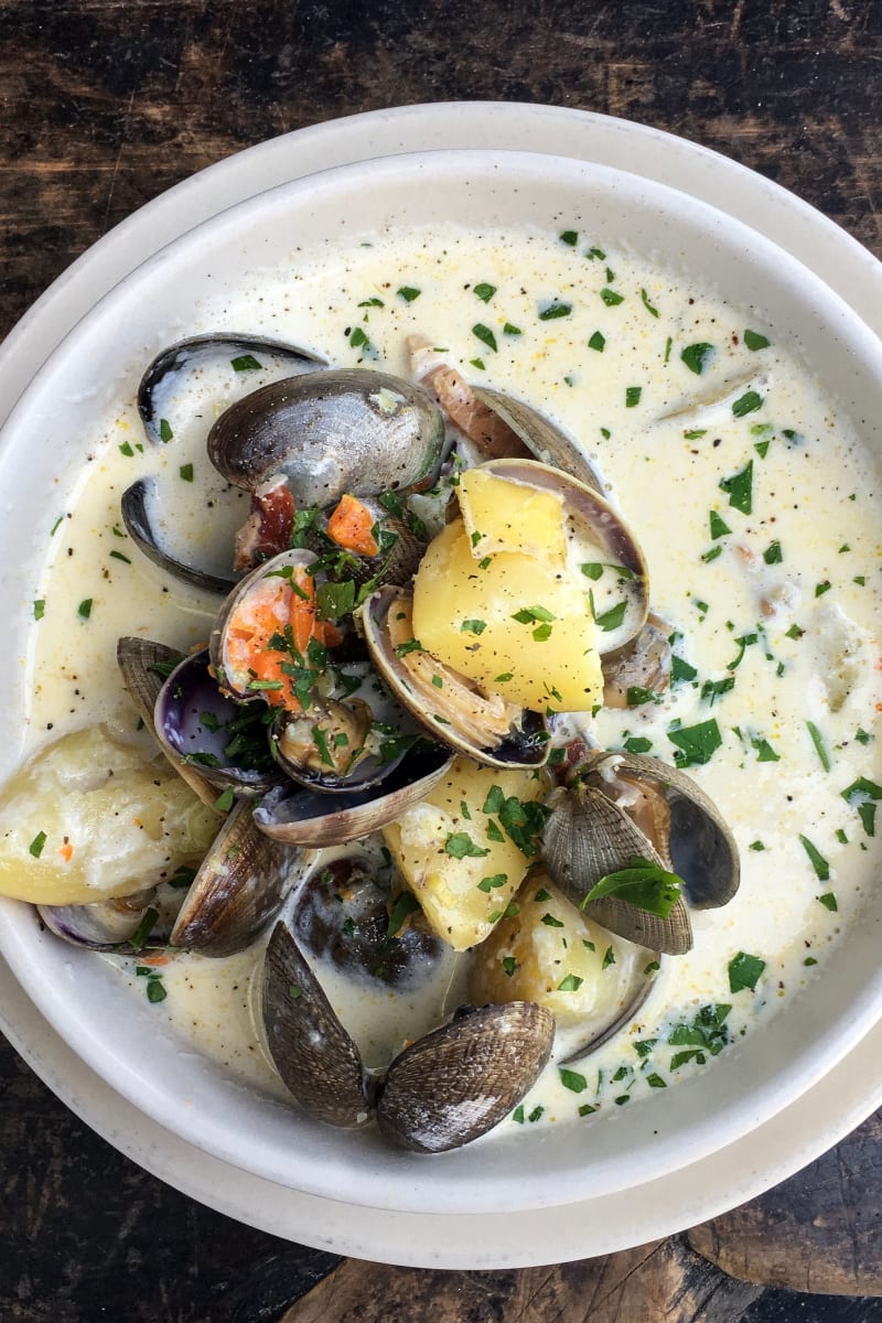 Clam chowder at restaurant near One Park in West Hartford, Connecticut