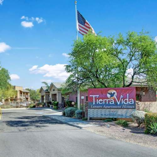 Property signage board at entrance at Tierra Vida in Tucson, Arizona