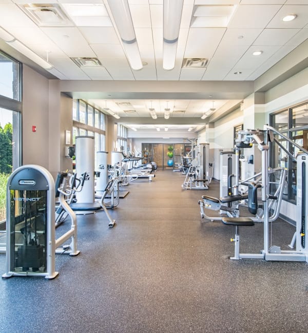 Exercise equipment in the fitness center at Mode at Hyattsville in Hyattsville, Maryland