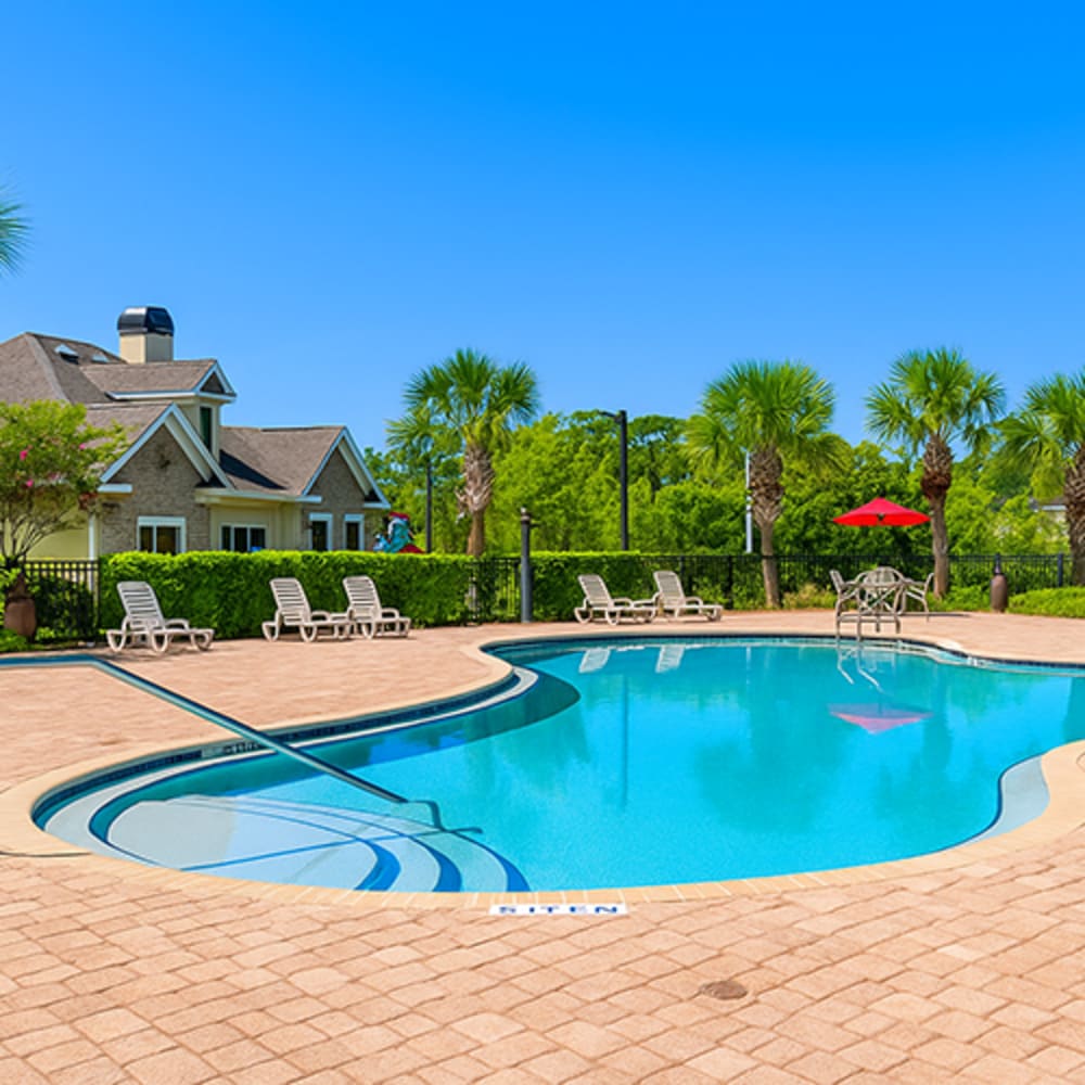 Sparkling resort-style pool surrounded by lounge chairs and palm trees sunny day at The Reserve at Brookhaven in Palm Coast, Florida