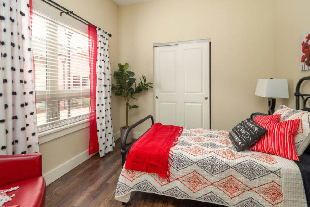 Bedroom in apartment at The Landing a Senior Living Community in Roseburg, Oregon. 