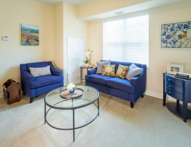 Modern living room with couch, coffee table and a window at The Harmony Collection at Roanoke - Assisted Living in Roanoke, Virginia