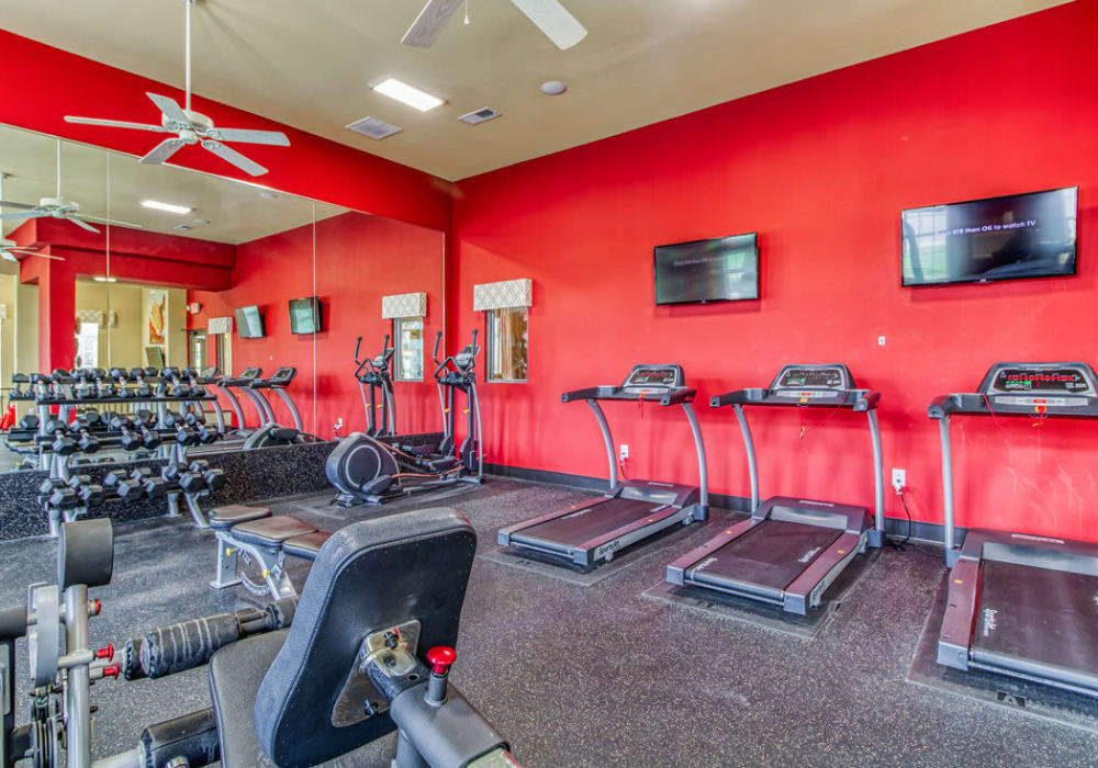 State-of-the-art fitness center with treadmills, weight-rack, floor to ceiling mirror and flat screen TVs at Glass Creek in Mt Juliet, Tennessee