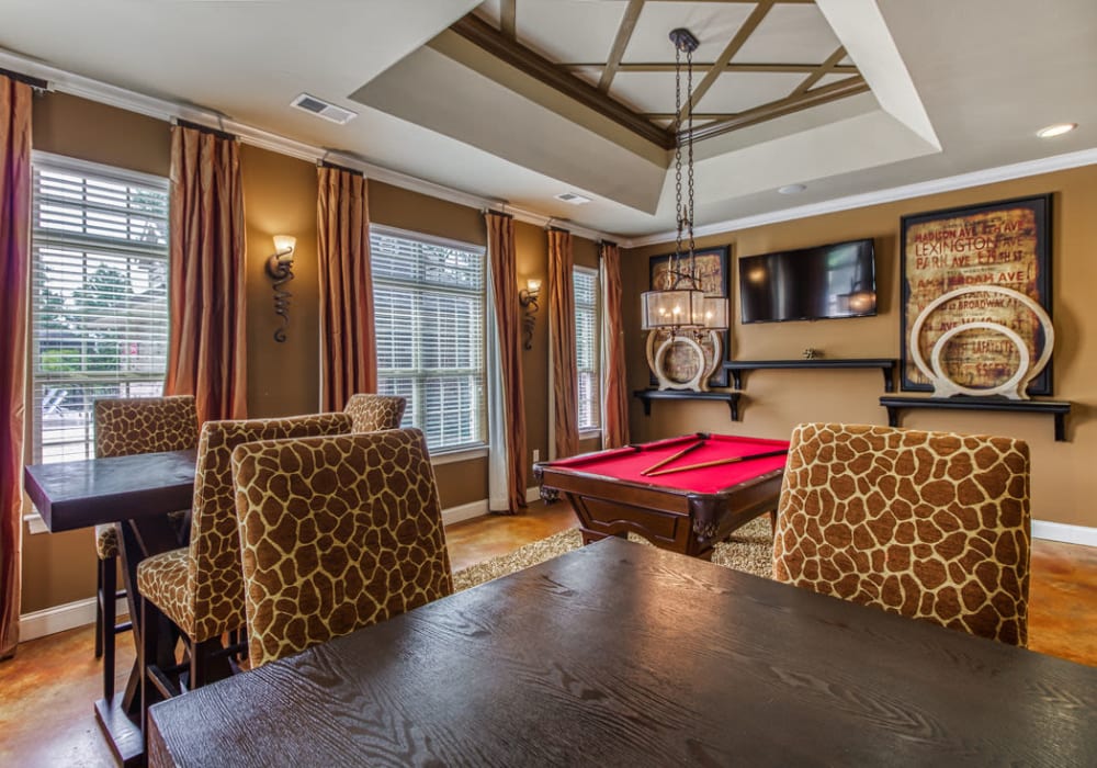 Resident game room with pool table and tables and chairs at Glass Creek in Mt Juliet, Tennessee