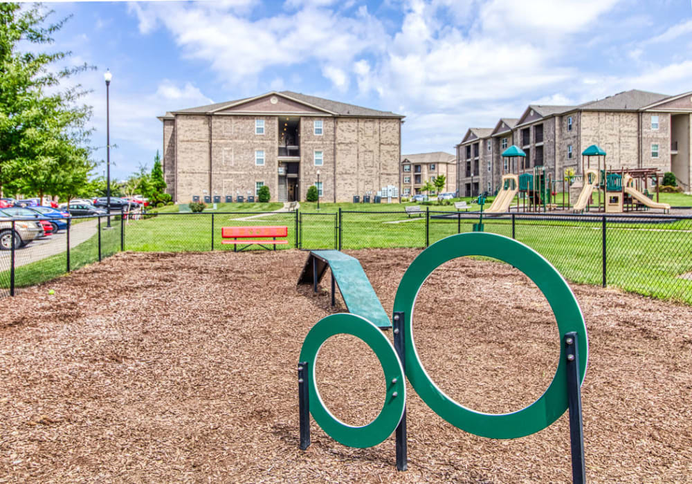 Outdoor fenced-in dog park play area with dirt and grass lawn at Glass Creek in Mt Juliet, Tennessee