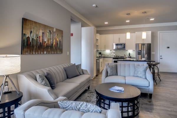 Large living room interior at The Barton in Clayton, Missouri