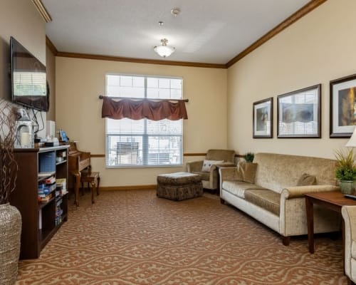 Living room area at Trustwell Living at Urbana Place in Urbana, Ohio