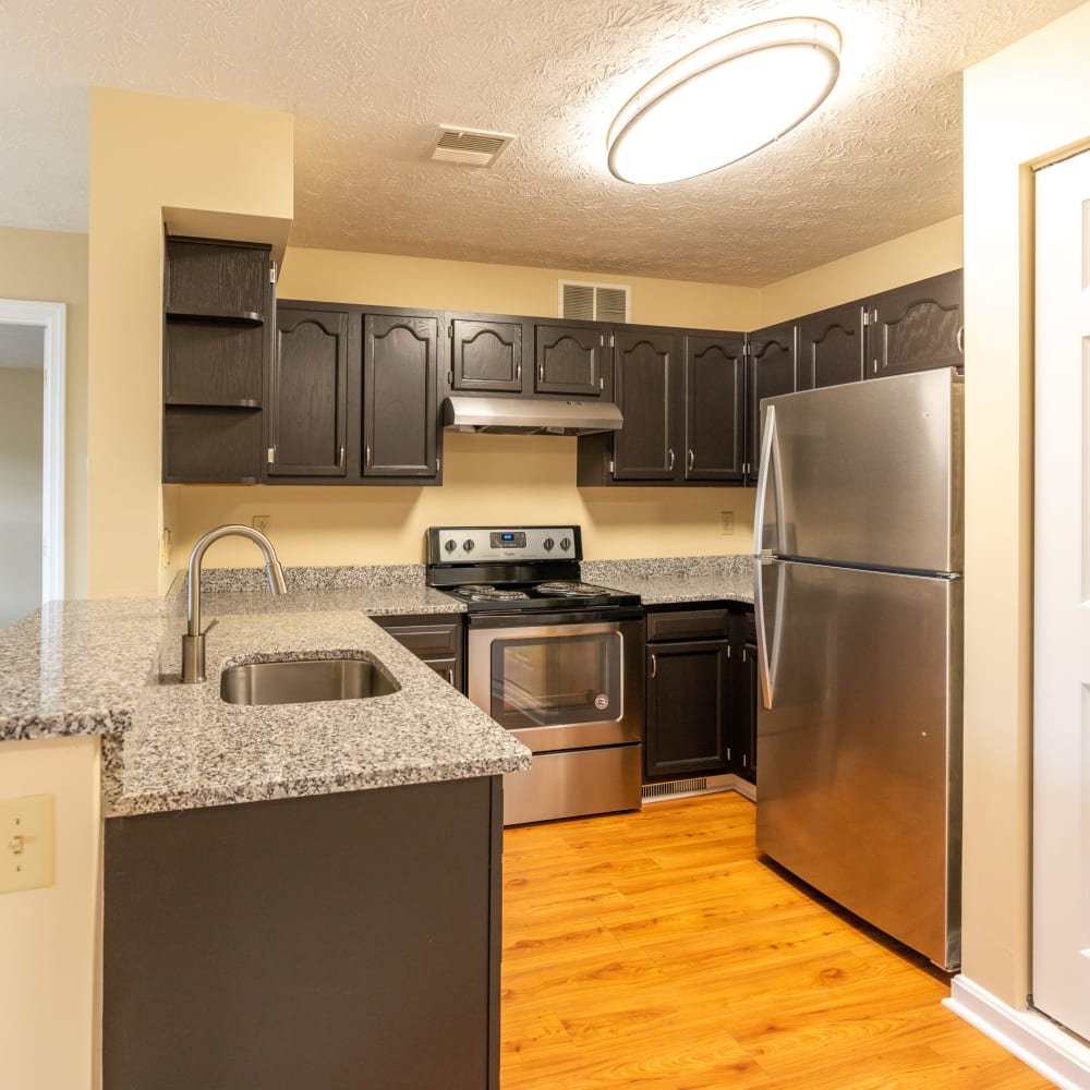 A kitchen with stainless-steel appliances at Parkside Estates, Canonsburg, Pennsylvania