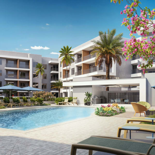 Rendering of luxury pool with patio chairs at Alexan Park West in Peoria, Arizona