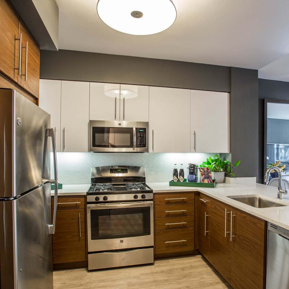 Kitchen with stainless-steel appliances at Franklin 299 in Redwood City, California