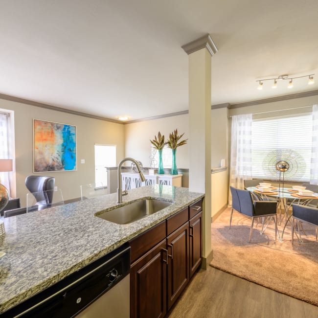 Well-decorated living room in model home at Artisan at Lake Wyndemere in The Woodlands, Texas
