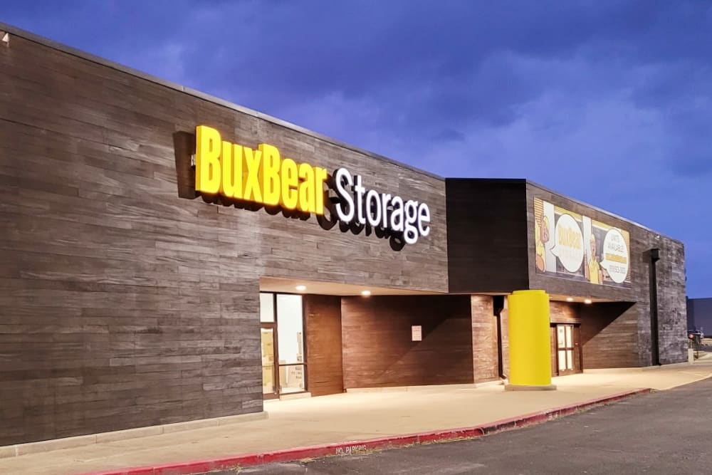 Exterior of the front entrance at BuxBear Storage Tulsa in Tulsa, Oklahoma