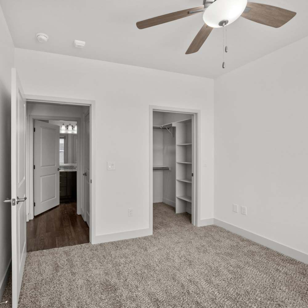 Spacious bedroom with ceiling fan,plush carpeting and walk-in closet at Brook Hollow in Wichita Falls, Texas