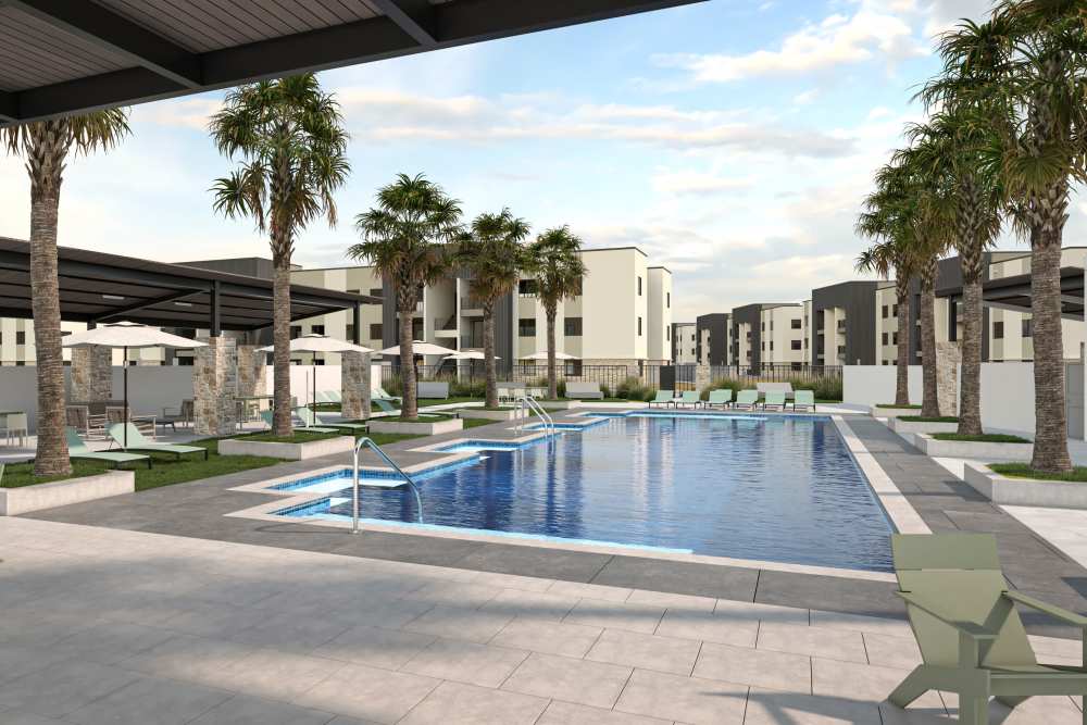 Exterior rendering with swimming pool at Acacia at Youngtown in Youngtown, Arizona