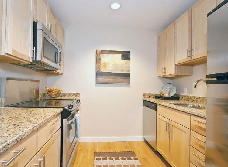 Fully equipped kitchen at The Hayes at Railroad Square in Haverhill, Massachusetts