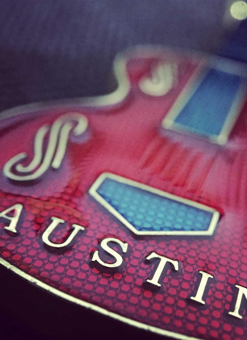 Blues electric guitar with Austin lettering near Marquis at Caprock Canyon in Austin, Texas