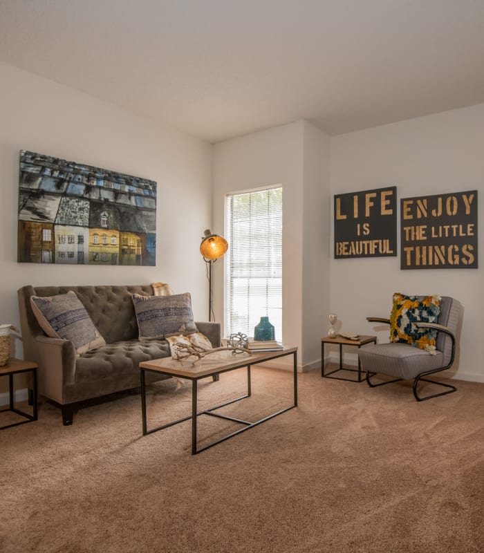 Carpeted living room at The Trace of Ridgeland in Ridgeland, Mississippi