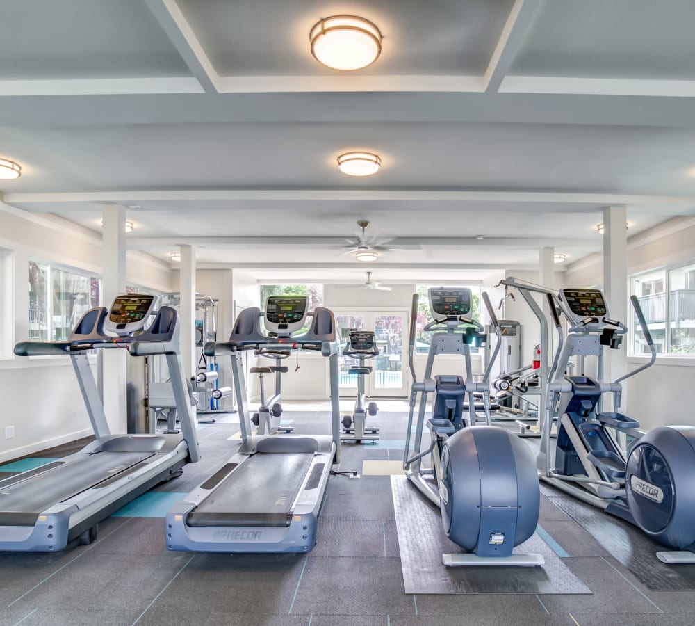 Plenty of cardio machines in the fitness center at Sofi at Los Gatos Creek in San Jose, California