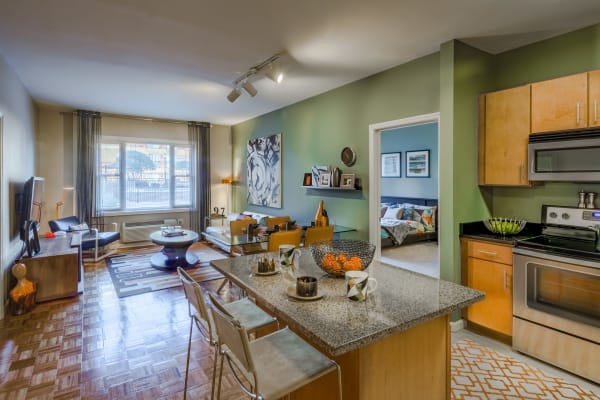 Studio apartment living room and kitchen with an amazing view at 55 Riverwalk Place in West New York, New Jersey
