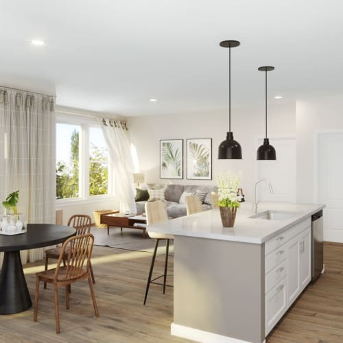 An open kitchen and living room in an apartment at Mosby Bridge Street in Huntsville, Alabama
