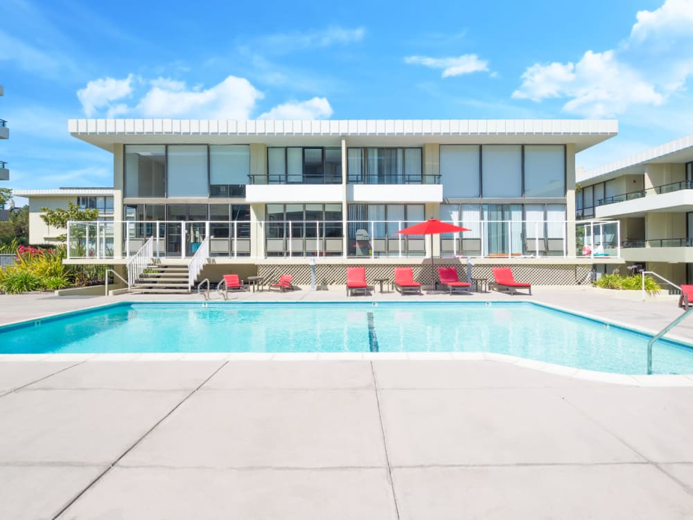 Swimming pool area at Skyline Terrace Apartments in Burlingame, California