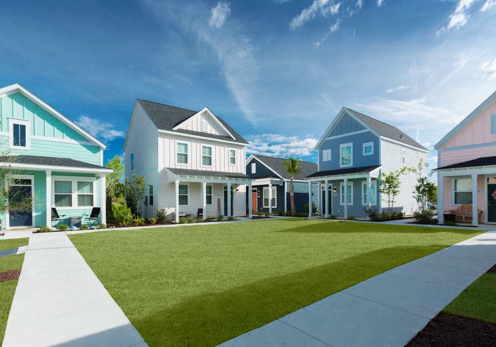 Colorful indiviudal cottages at Seaglass Cottage in North Myrtle Beach, South Carolina