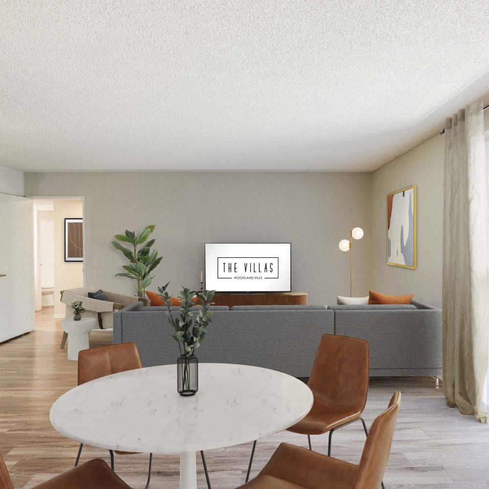 A beautiful and bright model living room at The Villas at Woodland Hills in Woodland Hills, California