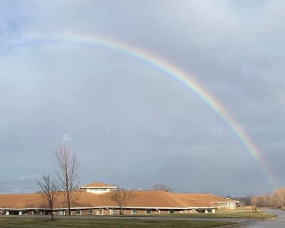 Rainbow arching over Addington Place of Des Moines in Des Moines, Iowa.