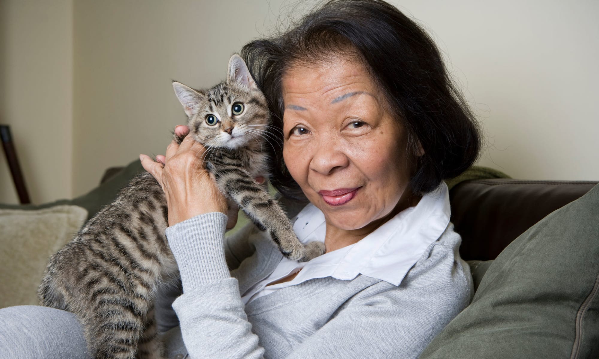 A woman and her cat at Broadwell Senior Living in Plymouth, Minnesota