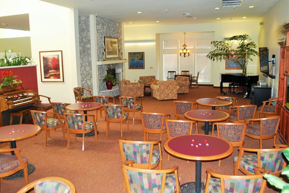 Common area for games and activities at Hilltop Commons Senior Living in Grass Valley, California