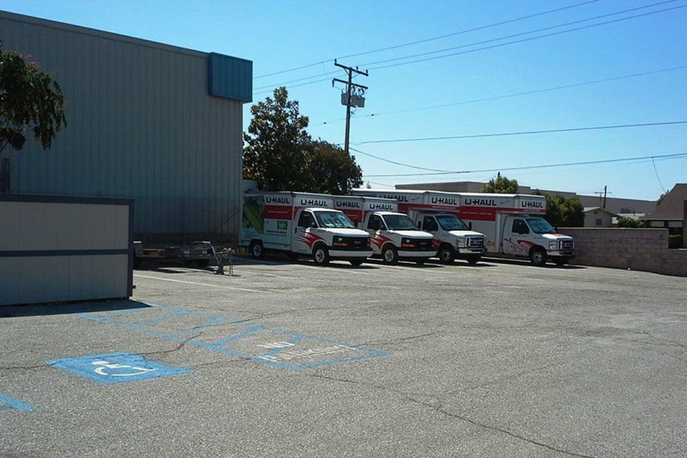 Parked U-Haul trucks at Handi Storage in Calimesa, California