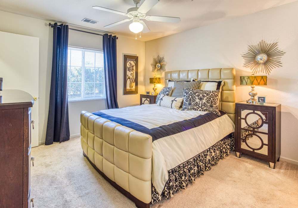 Spacious bedroom with large window and ceiling fan at Deer Meadow Village in Columbia, South Carolina 