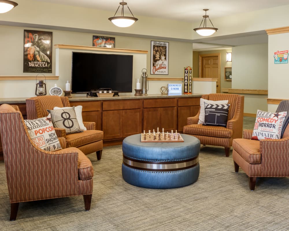 Great room to play games and watch movies at Edencrest at Green Meadows in Johnston, Iowa.