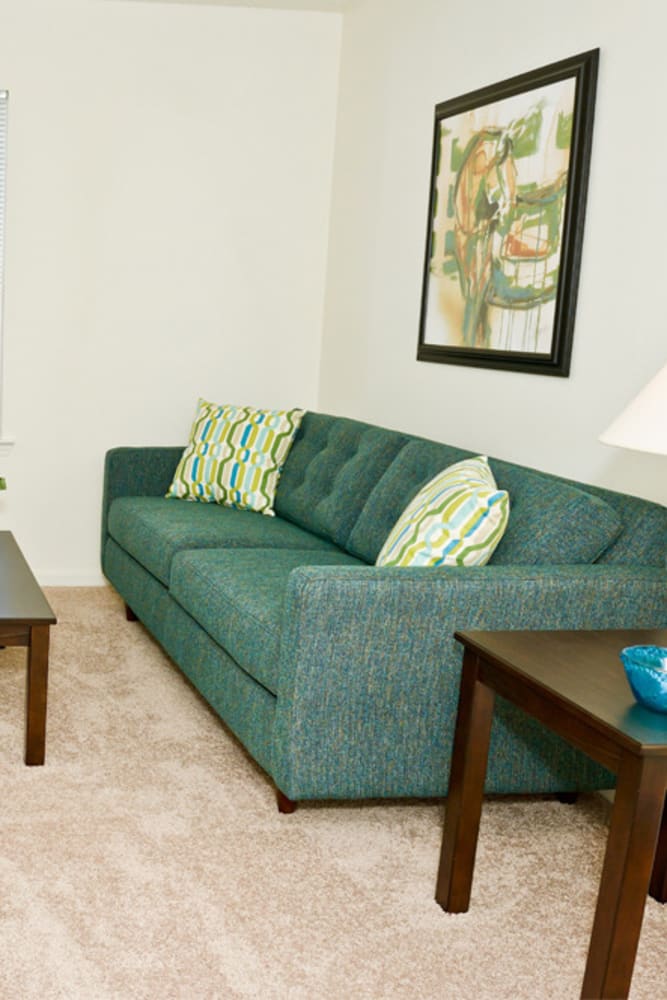 Furnished living space with plush carpeting at Hunters Point in Zionsville, Indiana