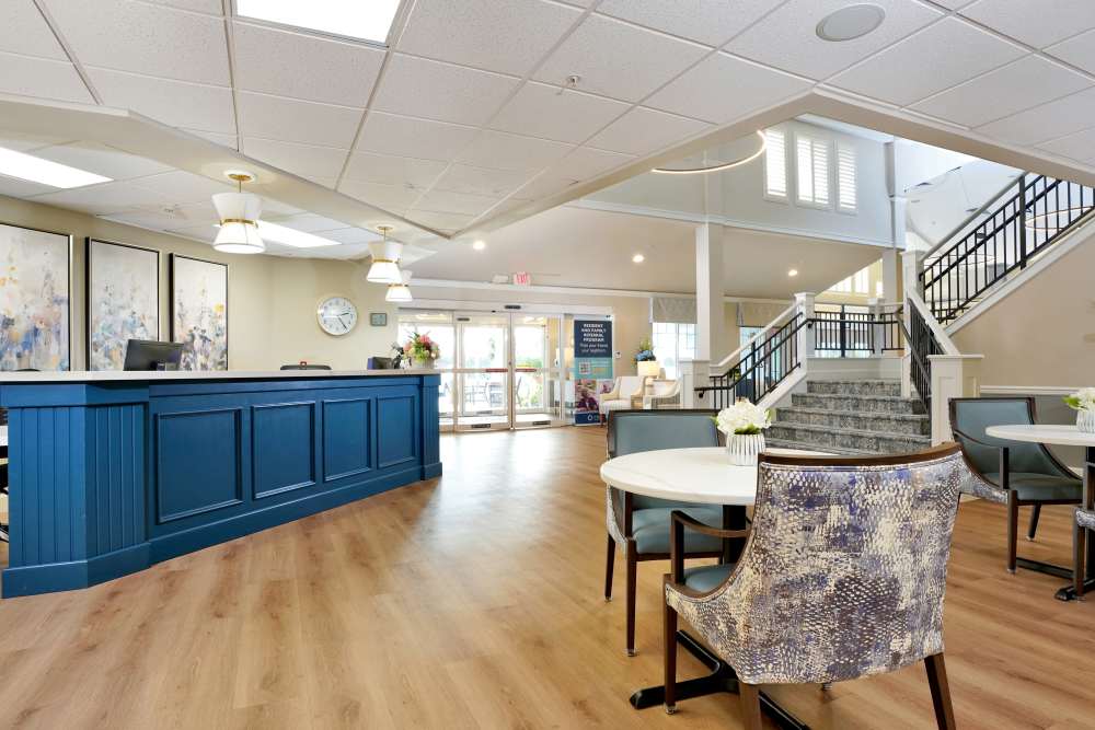 Reception area with chairs and tables at The Commons at Union Ranch in Manteca, California