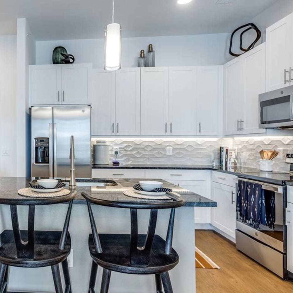 Kitchen with stainless-steel appliances at Luxia Gallery House, Farmers Branch, Texas