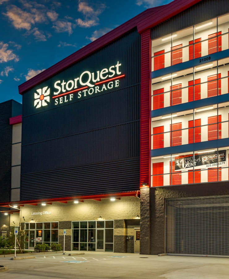 The exterior of the main entrance at StorQuest Self Storage in Bothell, Washington