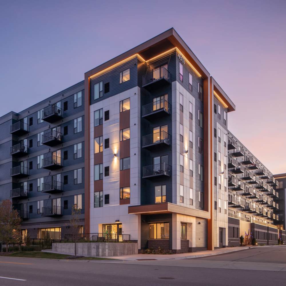 Twilight view of apartment at Oaks Pentagon Village in Edina, Minnesota