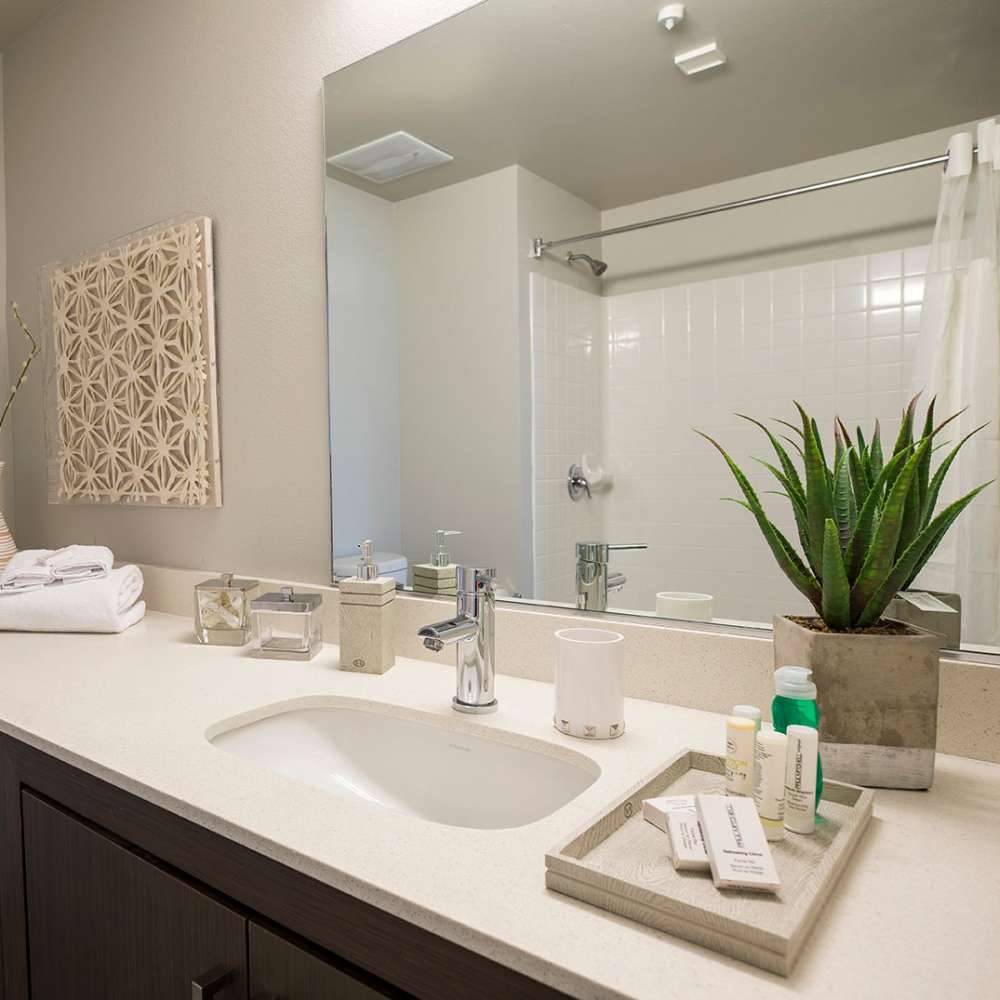 Bright bathroom at Citrine Apartments in Healdsburg, California