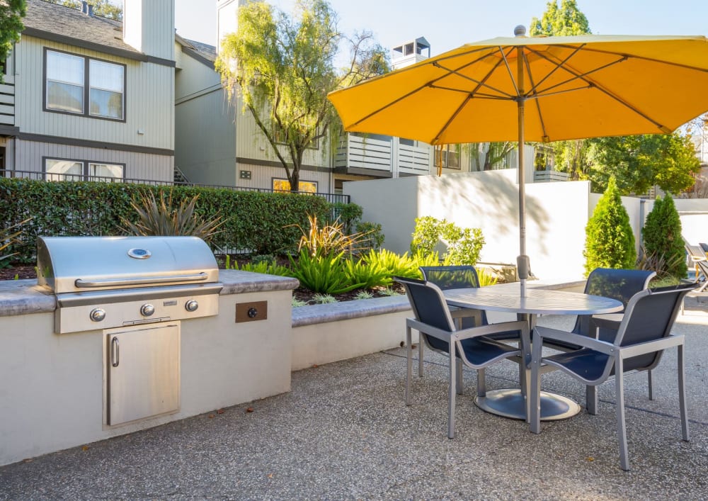 Yellow umbrella outdoor seating at Tanglewood in Davis, California