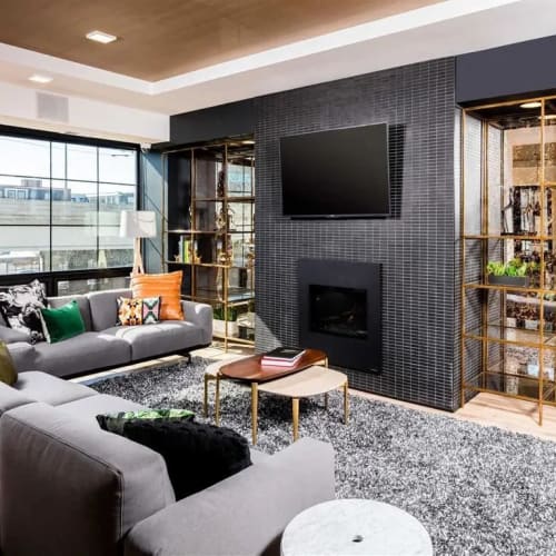 Fireplace in the resident lounge at Variant in Minneapolis, Minnesota
