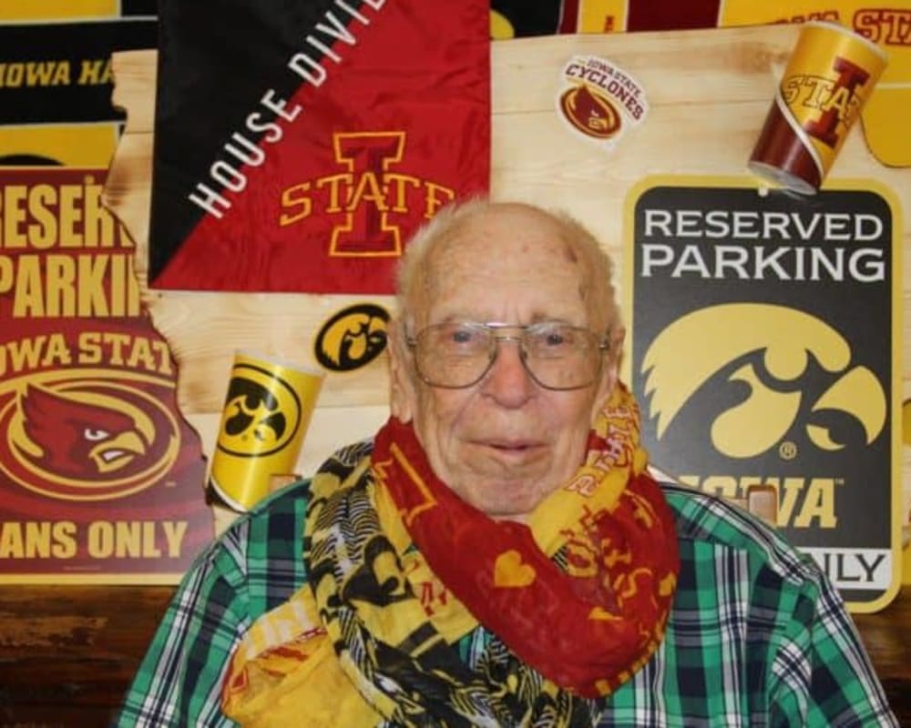 Resident shows Iowa school spirit at Holstein Senior Living in Holstein, Iowa.