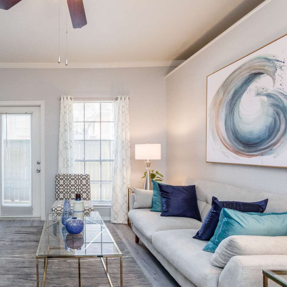 Spacious living room at Green Tree Place in Houston, Texas