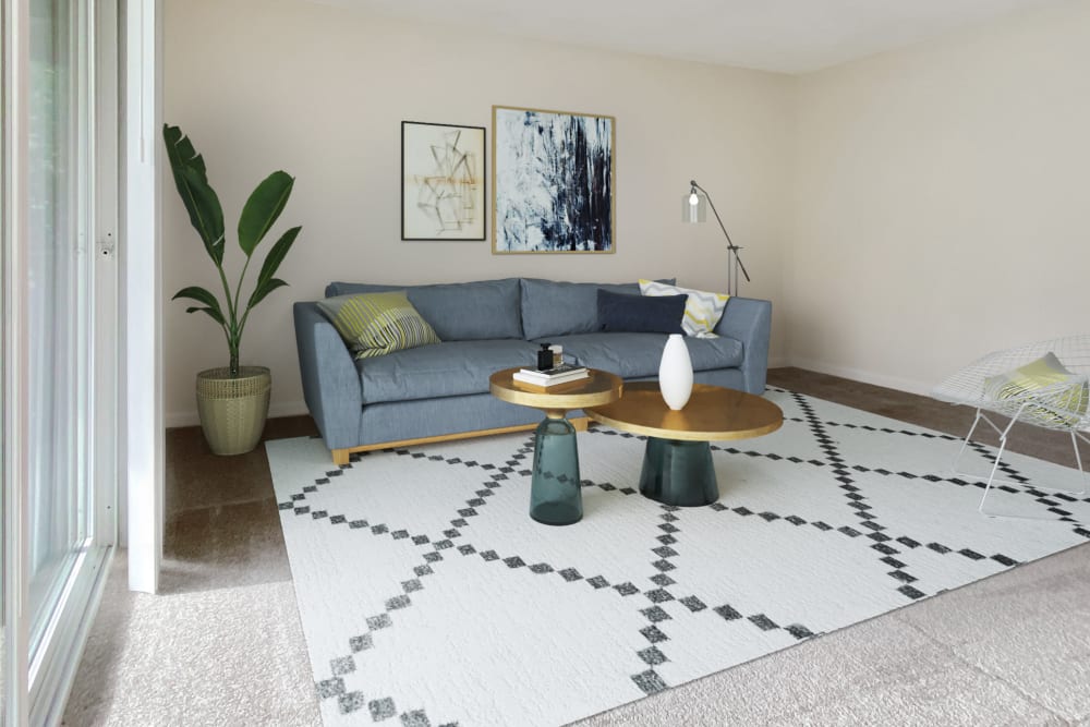 Modern decor in a model apartment's living room at Pleasanton Glen Apartment Homes in Pleasanton, California