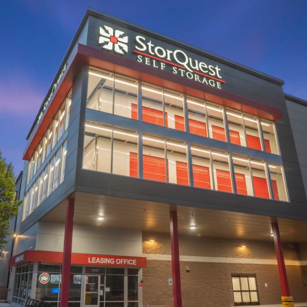 Exterior and indoor storage units at StorQuest Self Storage in Seattle, Washington