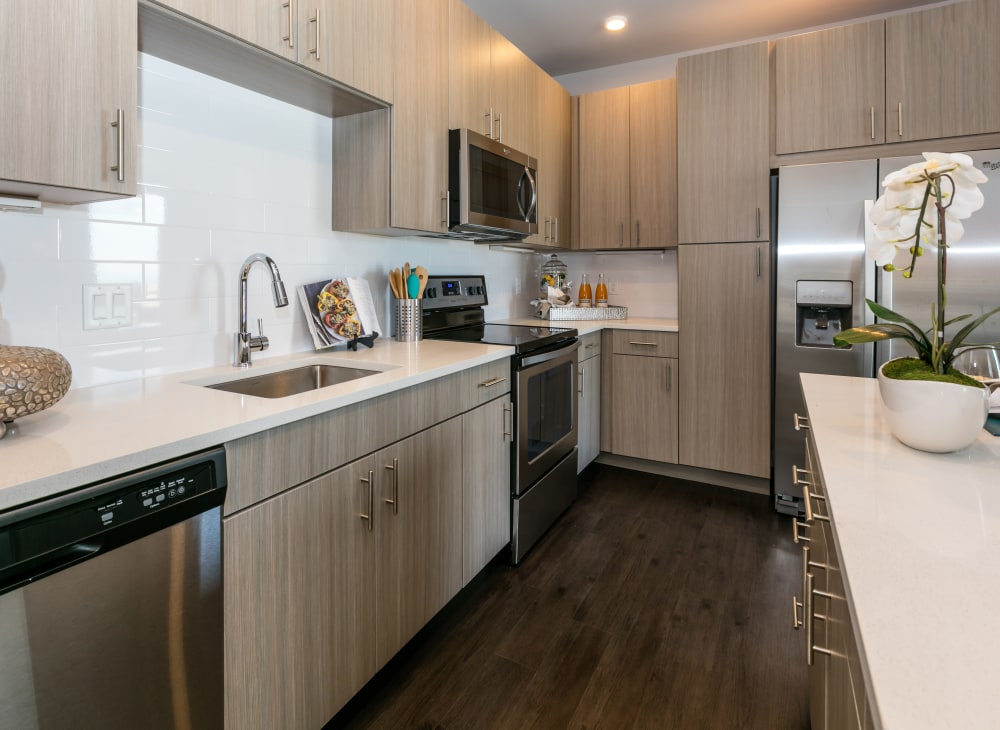 Fully Equipped Model Kitchen at Strata Apartments in Denver, Colorado