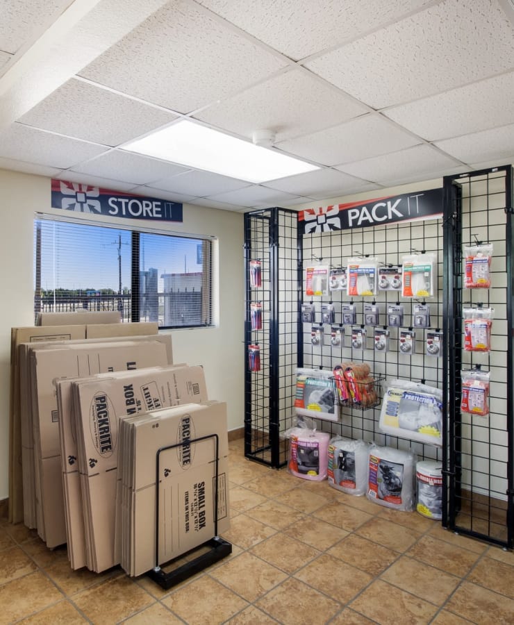 Packing supplies in the leasing office at StorQuest Economy Self Storage in Mesquite, Texas
